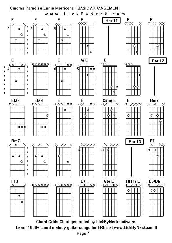 Chord Grids Chart of chord melody fingerstyle guitar song-Cinema Paradiso-Ennio Morricone - BASIC ARRANGEMENT,generated by LickByNeck software.